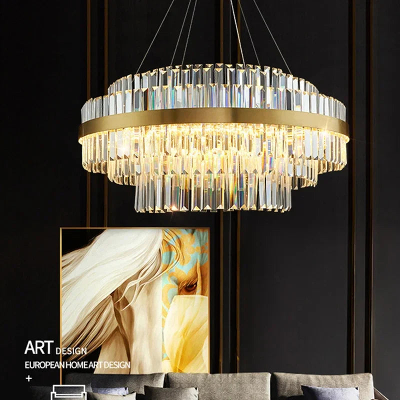Afralia™ Luxury Crystal LED Ceiling Chandelier Dimmable Round Golden Gloss Lighting