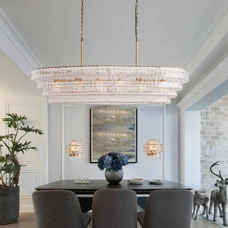 Afralia™ Brown Glass Pendant Lights for Dining Table Chandelier, Oval Clear Round Suspension Lamp