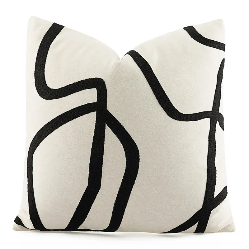Afralia™ Geometric Line Embroidered Pillowcase in Black White Beige Suede Canvas