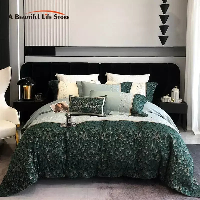Afralia™ Vintage Luxury Feather Jacquard Bedding Set, 1000TC, Patchwork Embroidery Design