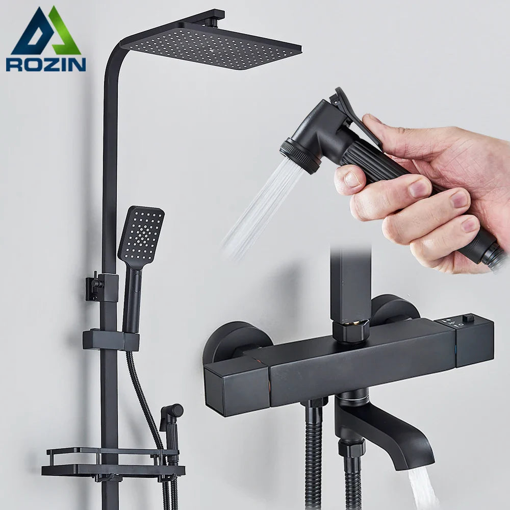 Afralia™ Chrome Brass Thermostatic Shower Faucet Set with Rainfall Bath Mixer
