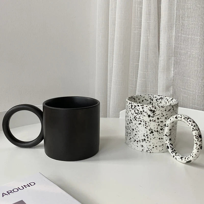 Afralia™ Ceramic Circle Handle Mugs - White Black Splash-ink Design