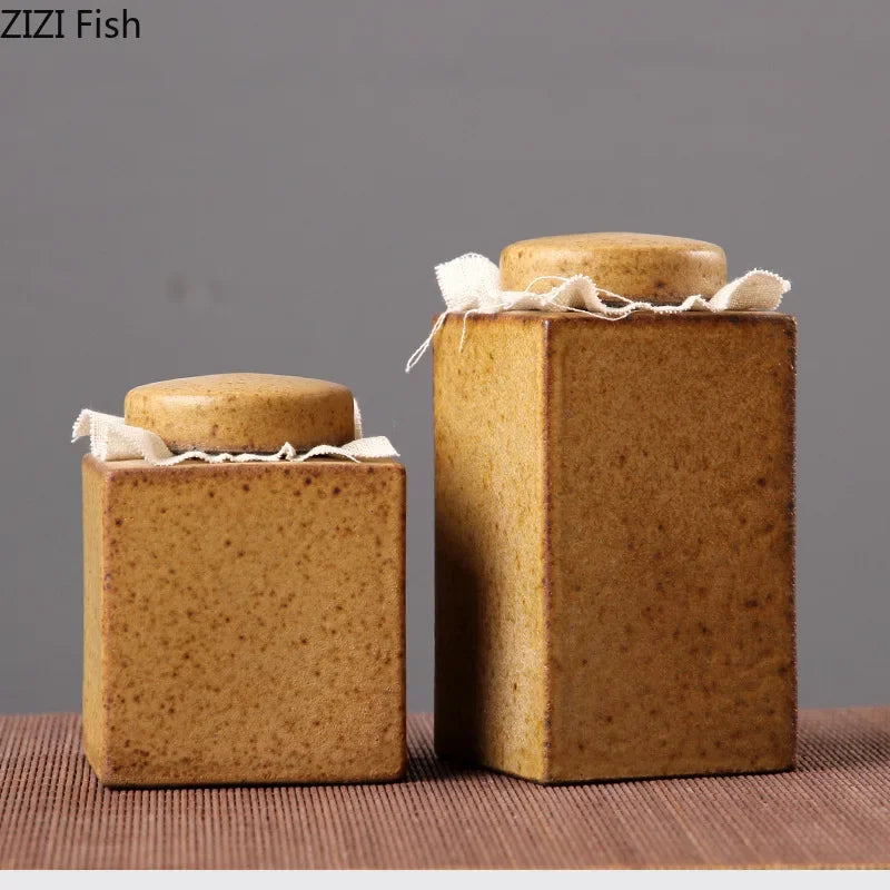 Afralia™ Ceramic Tea Canister | Sealed Coffee Table Jar | Rough Pottery Tea Can | Candy Container