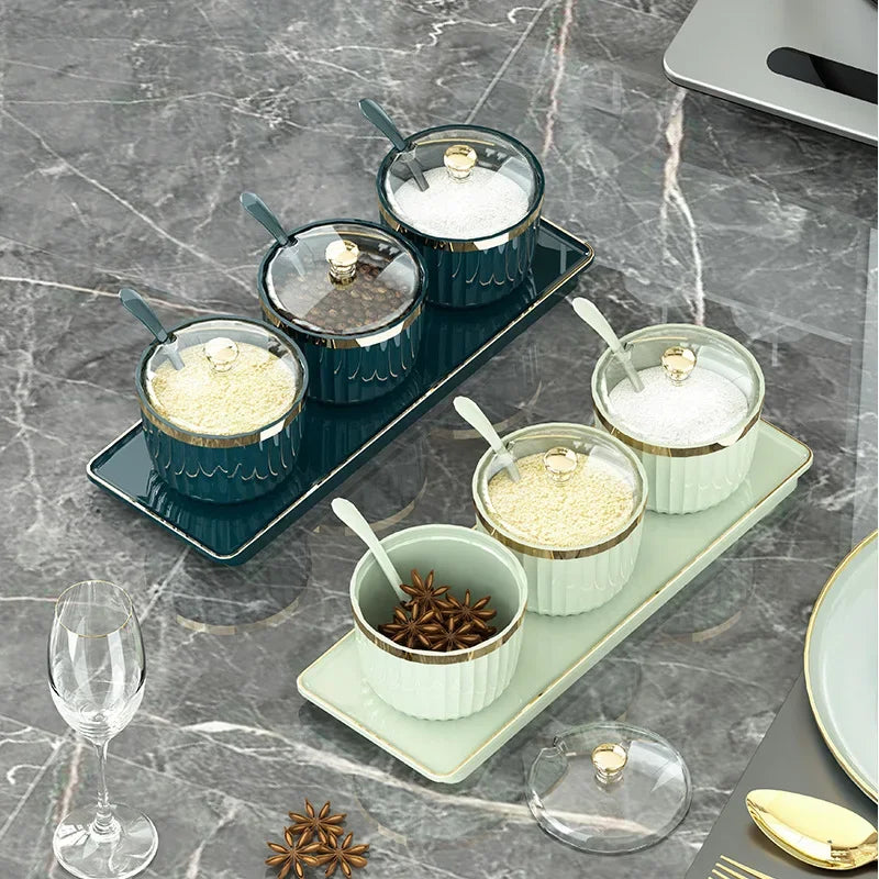 Afralia™ Seasoning Box Set: Salt & Pepper Shakers, Sugar Bowl, Sesame & Condiment Jars