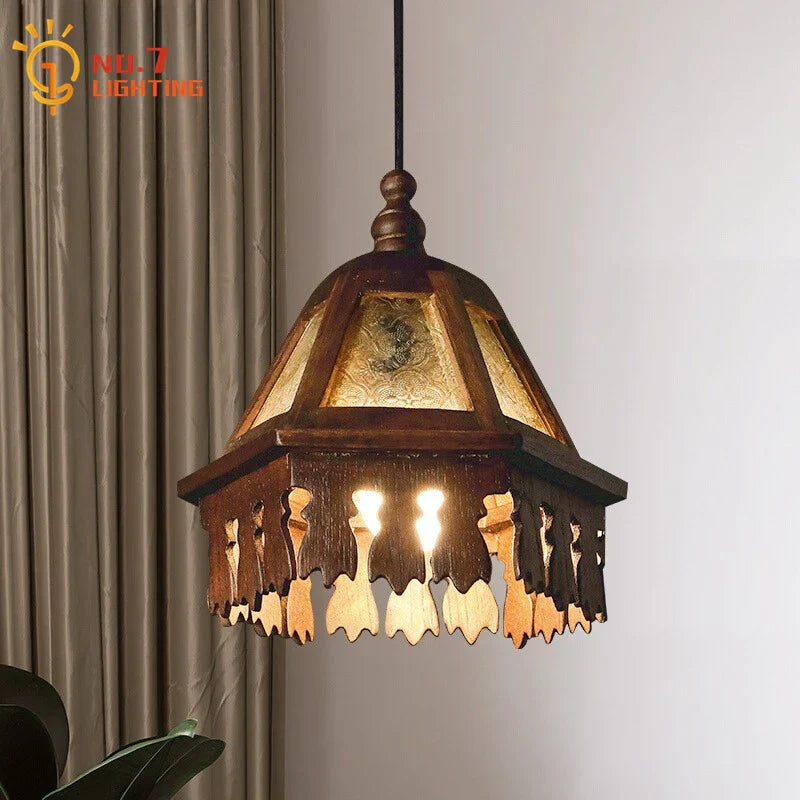 Afralia™ Retro Thai Pendant Lights Solid Wood Glass LED Hanging Lamp
