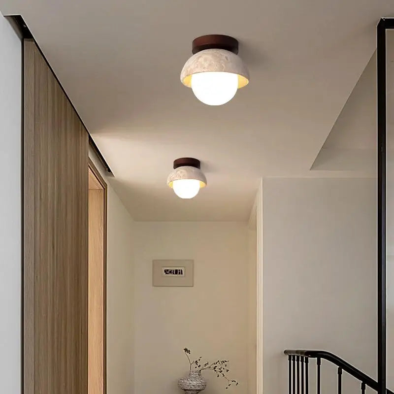 Afralia™ Yellow Cave Stone LED Ceiling Lamp Wood Canopy G9 White Glass