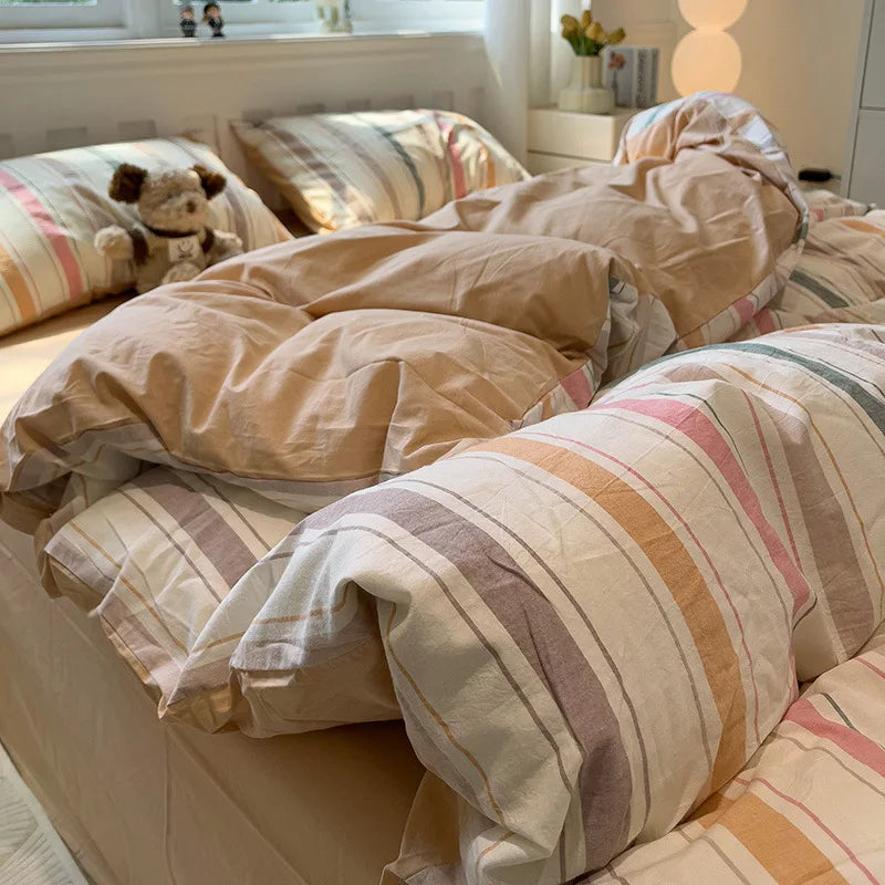 Afralia™ Minimalist Striped Grid Comforter Set in Washed Cotton, Soft Bedding Twin-Queen Size