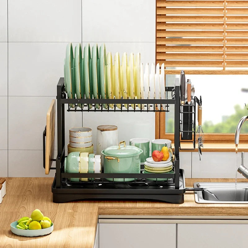 Afralia™ 2 Tier Kitchen Storage & Drying Rack - Countertop Organizer for Dinnerware & Utensils