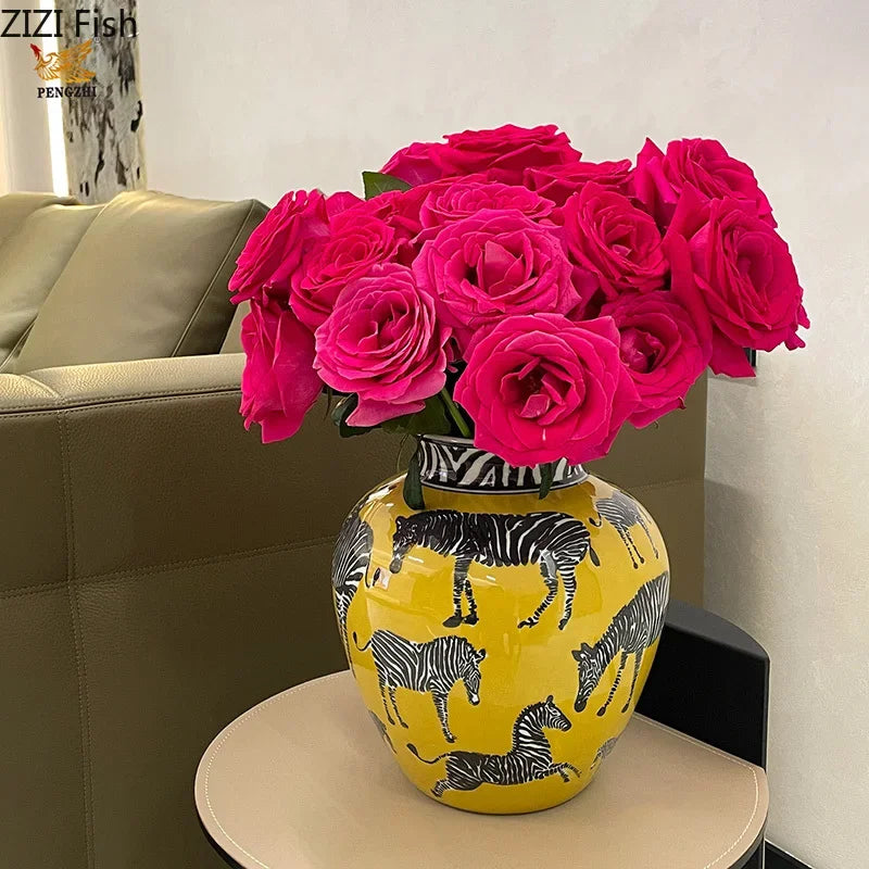 Afralia Zebra Yellow Vase with Artificial Flowers for Desk Decoration