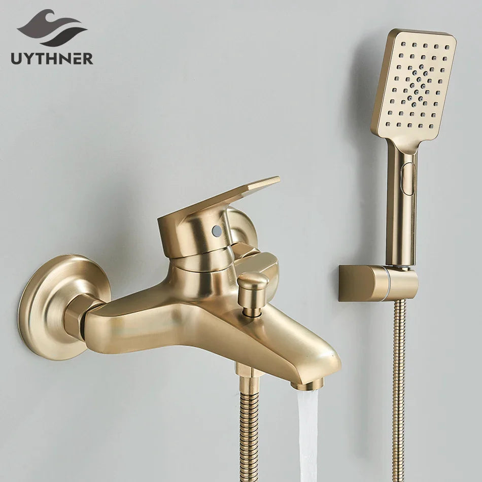 Afralia™ Brushed Gold Shower Faucet Mixer Set with Wall Mount Black Control Valve