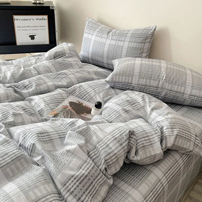 Afralia™ Natural Cotton Grid Duvet Cover - Twin Double Size