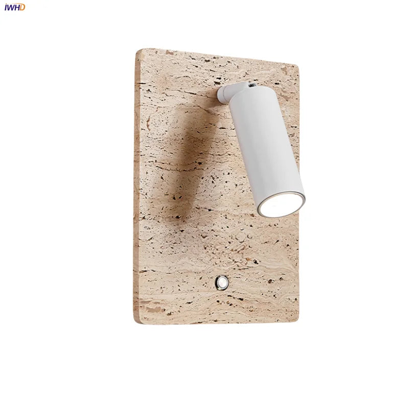 Afralia™ LED Wall Light Fixtures Bedroom Modern Button Switch Yellow Travertine White Iron Bedside Lamp