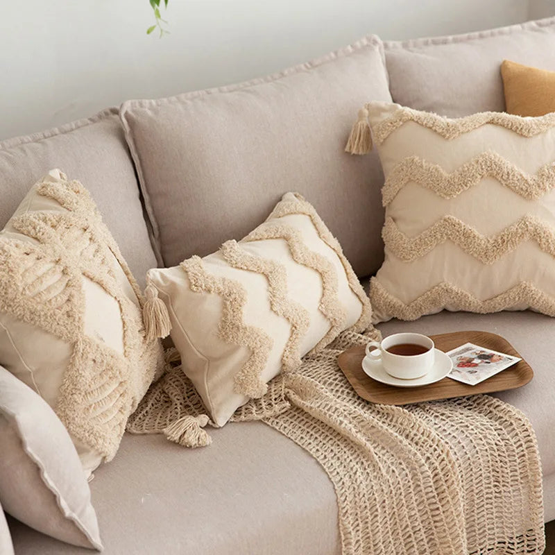 Afralia Geometric Tufted Tassel Pillowcases Cotton Linen Handmade Fringed Throw Pillow Covers