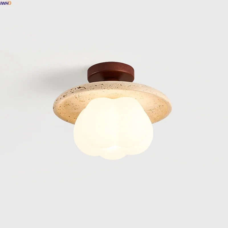 Afralia™ Yellow Travertine Stone LED Ceiling Light Fixture White Glass Ceiling Lamp
