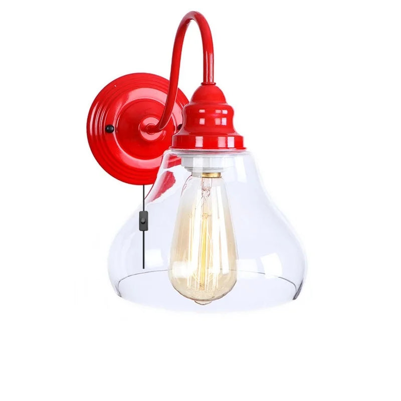 Afralia™ Vintage Red Iron LED Wall Sconce Glass Lamp for Home Decor