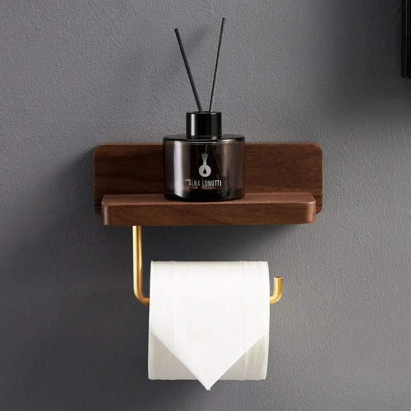 Afralia™ Brass and Wood Toilet Roll Holder & Paper Towel Holder Stand