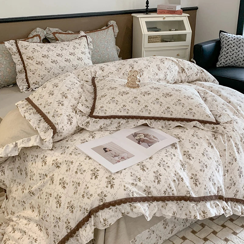 Afralia™ French Floral Bedding Set, 100% Cotton, Ruffles, Duvet Cover, Bed Sheet, Pillowcases