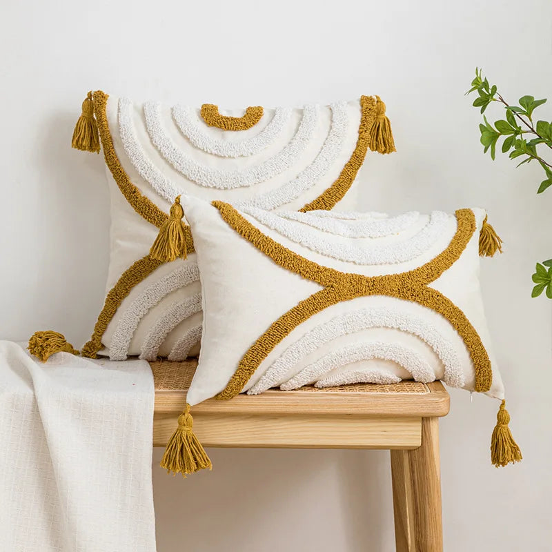 Geometric Embroidered Cotton Pillow Case with Fringed Tufting by Afralia™ for Sofa