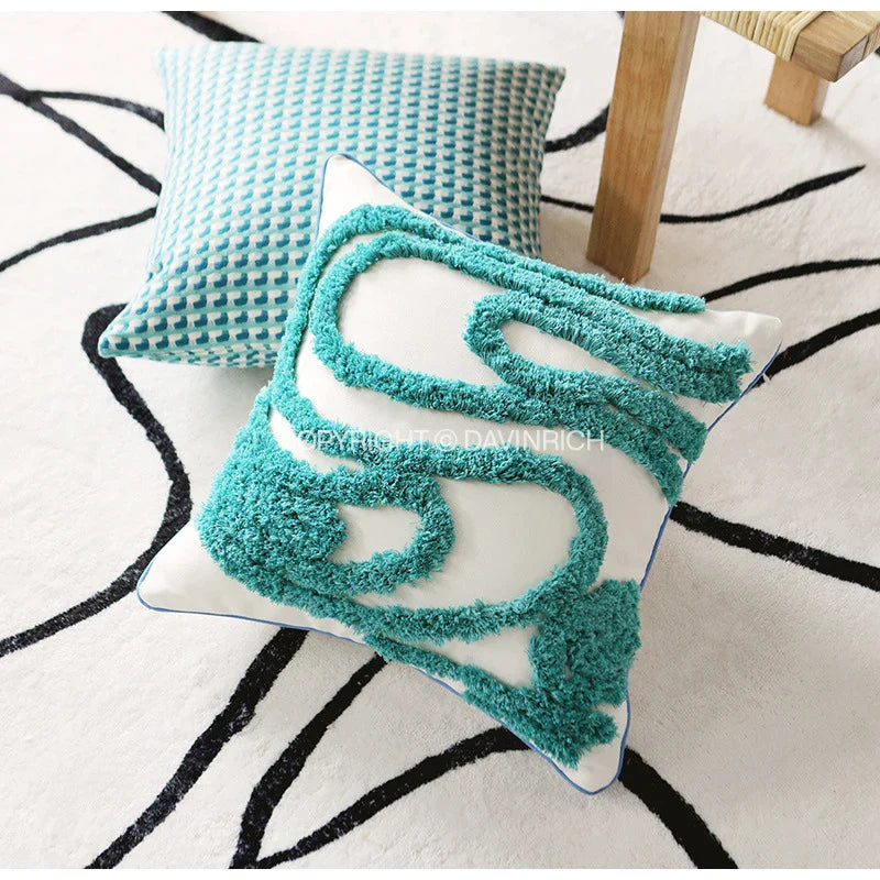 Afralia™ Turquoise Wave Decorative Cushion Cover, Hand-Tufted Pillow Case