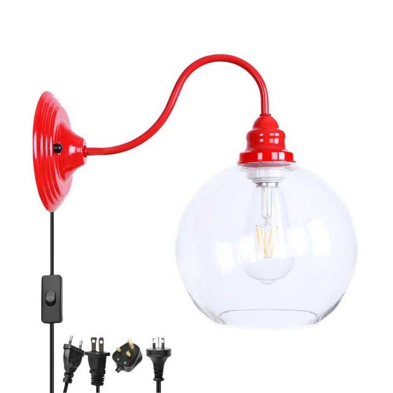 Afralia™ Red Vintage LED Wall Lamp Glass Ball Industrial Loft Bedroom Mirror Light