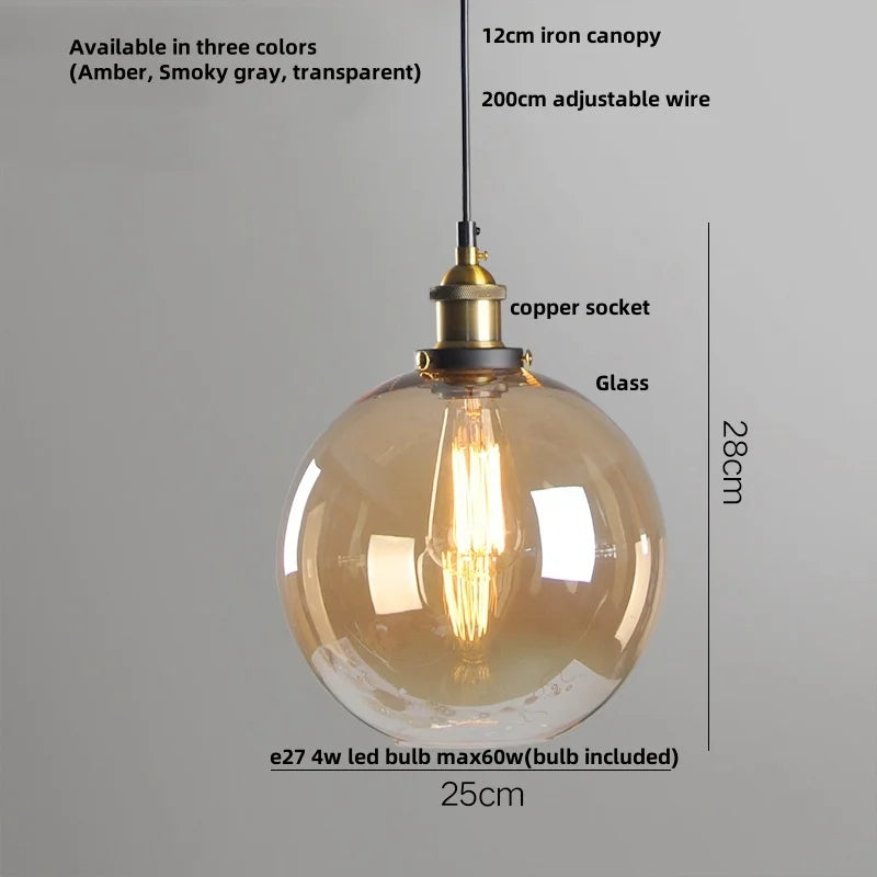 Afralia™ Vintage Copper LED Pendant Lamp Amber Glass Hanging Lights for Home Decor