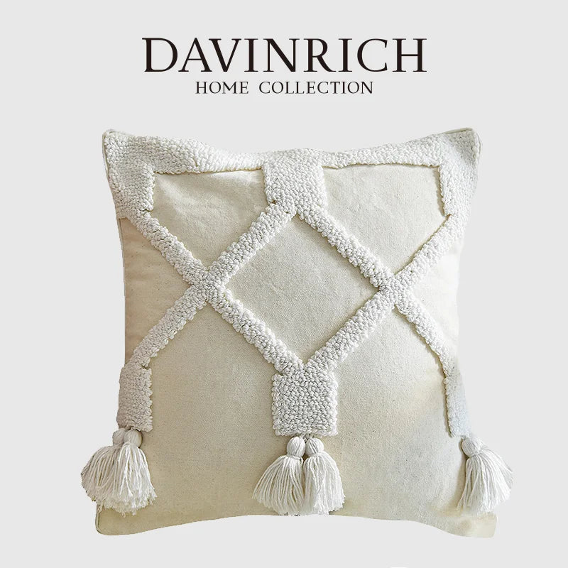 Afralia™ Ethnic Tufted Cushion Case, Pure White Handmade Throw Pillow Cover