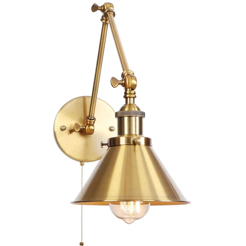 Afralia™ Gold Long Arm LED Wall Sconce with Pull Chain Switch, Adjustable Industrial Bedside Lamp