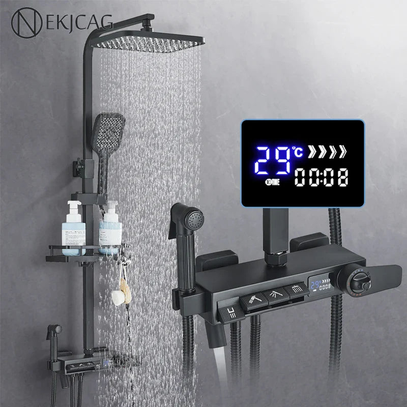 Afralia™ Digital Display Thermostatic Shower Faucet Set with Rainfall Shower Column in Chrome