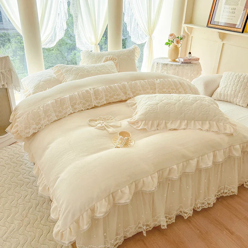Afralia™ Velvet Princess Lace Ruffles Bedding Set - 4pcs Luxury Solid Color