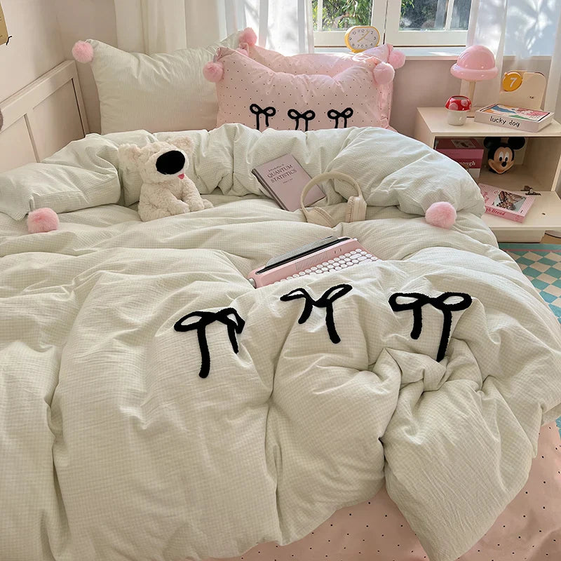 Afralia™ Korean Princess Bow Lattice Pompom Bedding Set - Single Queen Size