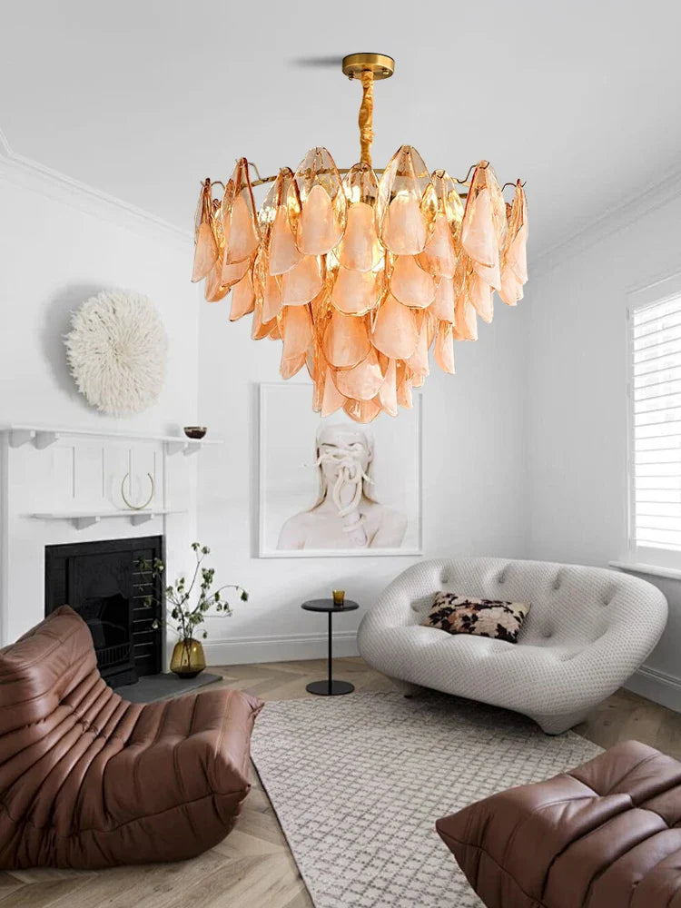 Afralia™ Gold Chrome Amber Glass Petal Chandelier Leaf Luxury Hanging Lamp