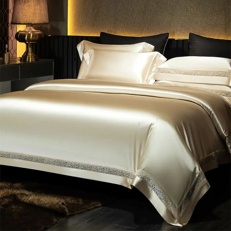 Afralia™ Luxe Silk Cotton Hollow Wide Edge Bedding Set: Duvet Cover, Flat/Fitted Sheet, Pillowcases