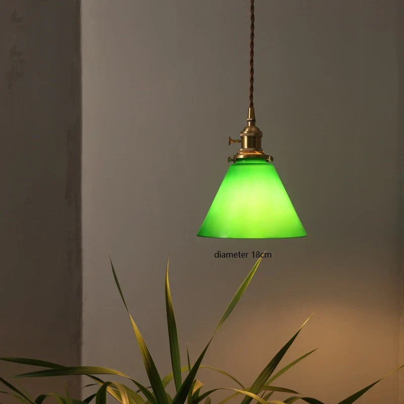 Afralia™ Triangle Green Glass LED Pendant Lights: Vintage Copper Hanging Lamp for Home Decor