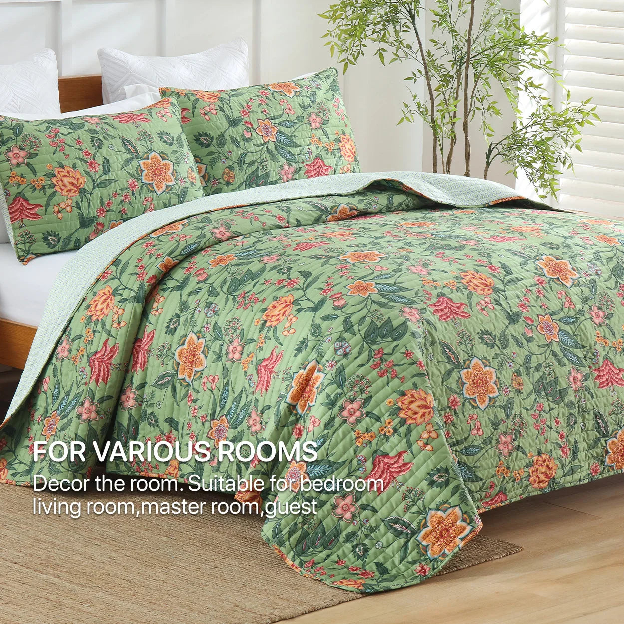 Afralia™ Green Floral Quilt Set 3-Piece Oversized Bedding with Shams