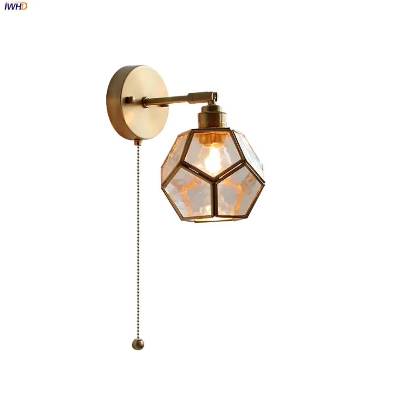 Afralia™ Glass LED Wall Light with Pull Chain Switch, Rotating Japanese Style Bedside Lamp