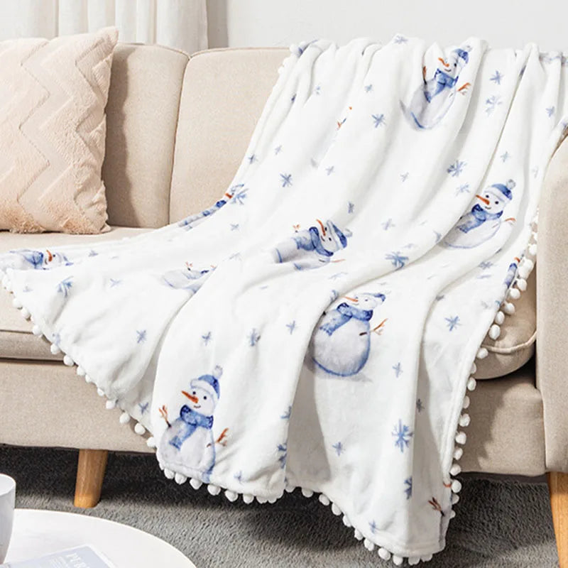 Afralia™ Christmas Flannel Blanket with Plush Ball - Multi-Functional Winter Shawl & Cushion