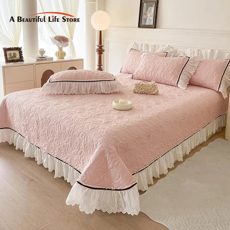 Afralia™ Princess Style Cotton Quilted Bedspread Set with Lace Edge & Pillowcase