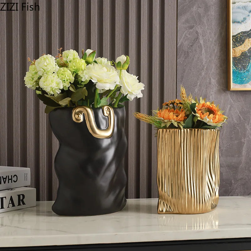 Afralia™ Ceramic Bag Vase with Artificial Flowers for Modern Home Decor