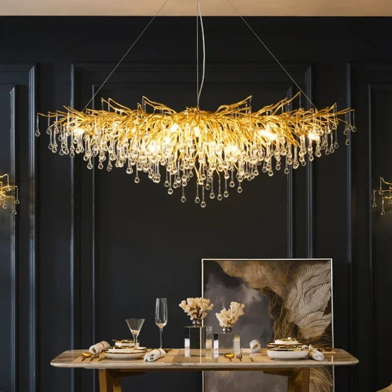 Afralia™ Branch-shaped Golden Crystal Chandelier for Villa Bedroom and Living Room