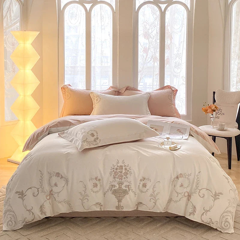 Afralia™ European Palace Style Flowers Embroidery Cotton Luxury Bedding Set with Duvet Cover, Sheets, Pillowcase