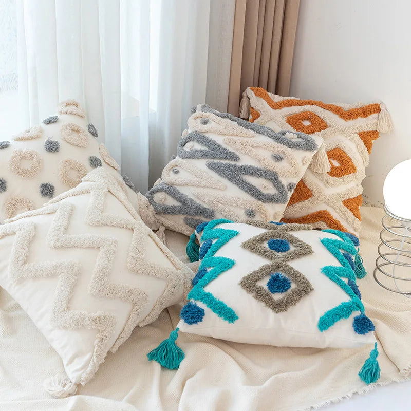 Afralia™ Boho Square Pillowcase with Embroidery & Tassel Detail for Living Room Sofa
