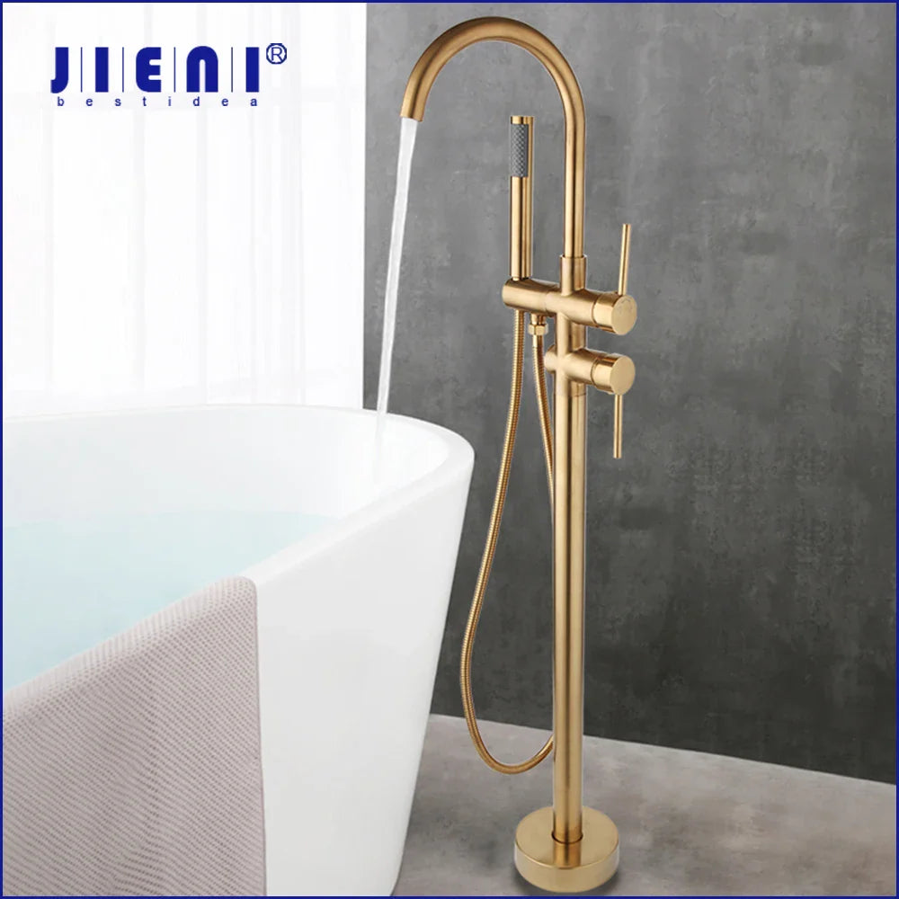Afralia™ Brushed Gold High Rise Round Bath Mixer Roman Tub Faucet Set Floor Stand