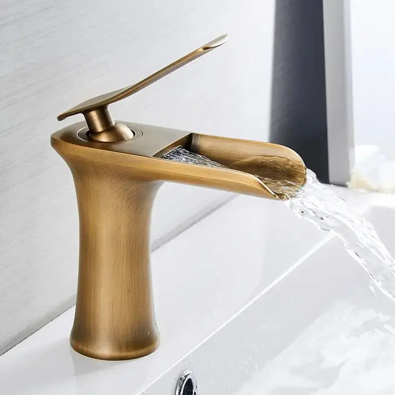 Afralia™ Waterfall Bathroom Faucet Single Handle Brass Basin Mixer Tap Antique Silver