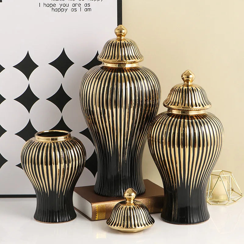 Afralia™ Black Ceramic Checkmate Ginger Jar Vase with Gold Rim