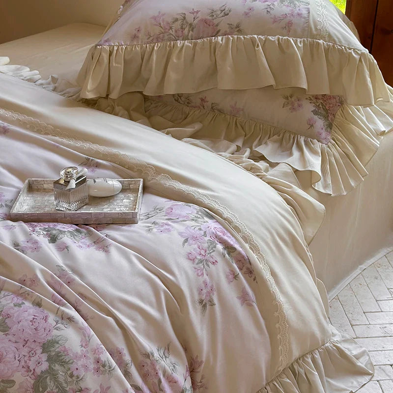 Afralia™ Vintage French Pastoral Lace Ruffles Bedding Set: Duvet Cover, Bed Sheet, 2 Pillowcases