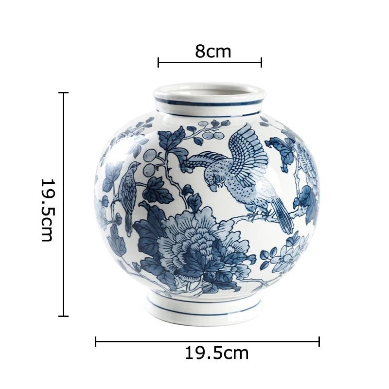Afralia™ Blue Porcelain Vase: Flowers and Birds Pattern Table Decor Floral Vases Room Aesthetic
