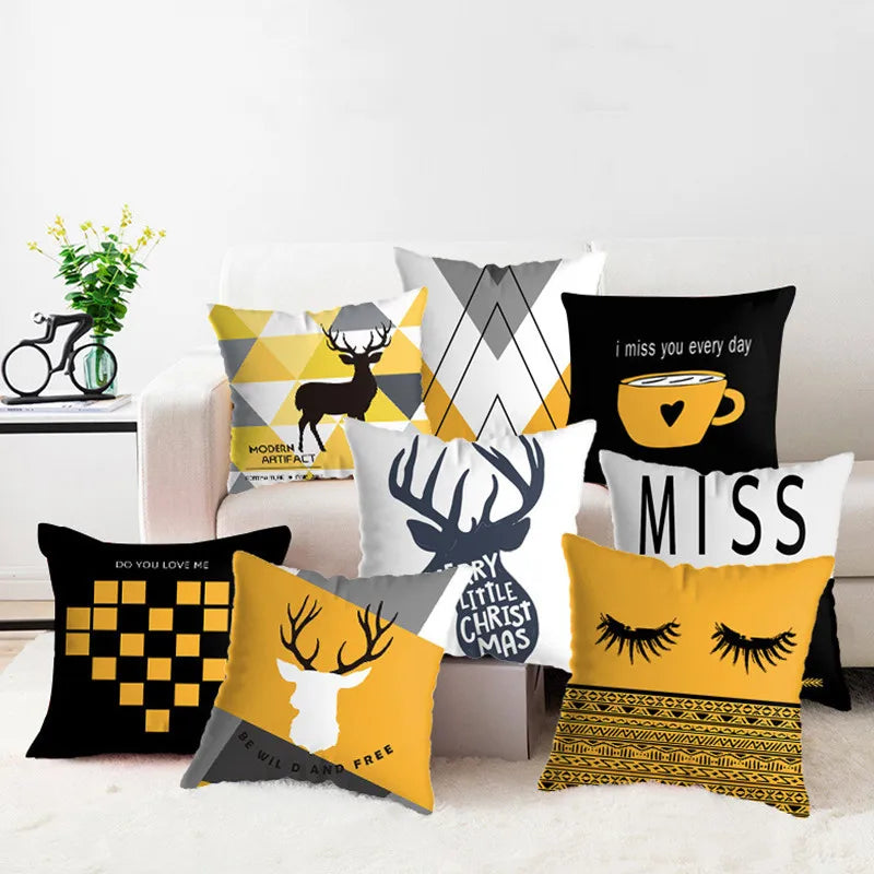 Afralia™ Geometric Deer Print Pillowcase 45x45cm - Yellow Home Decor