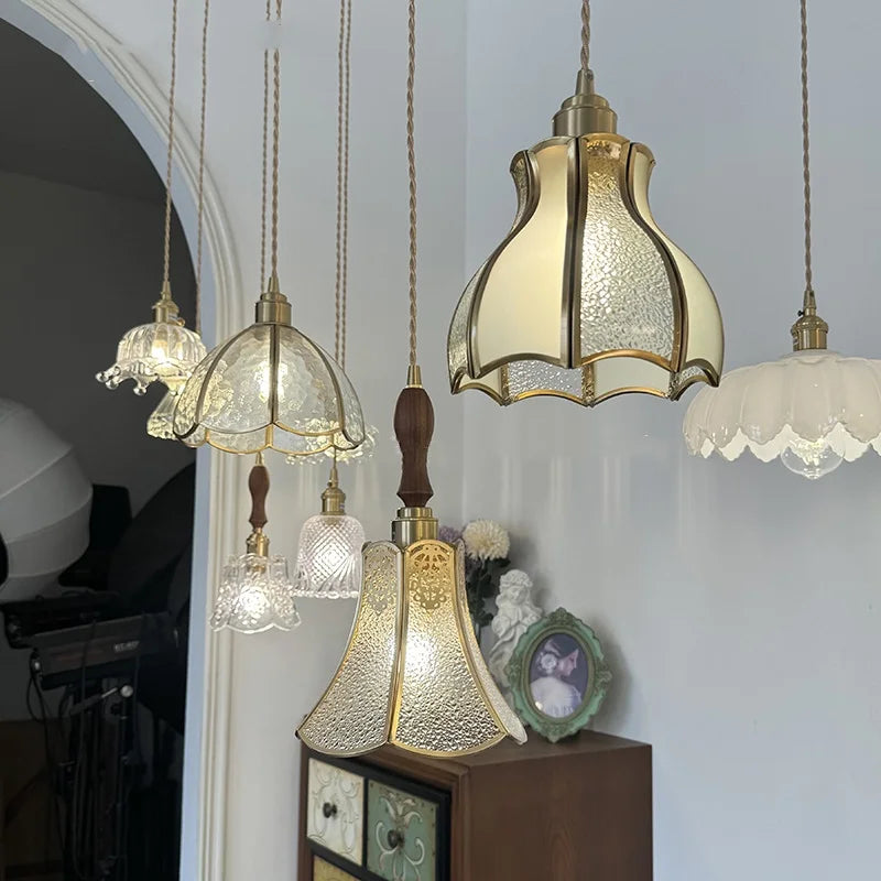 Afralia™ Walnut Wood LED Pendant Light Fixture Hand Stitched Glass Hang Lamp