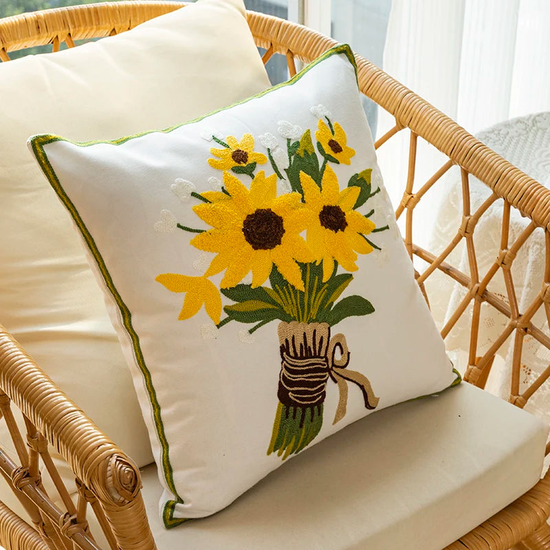 Afralia™ Soft Cotton Embroidery Sunflower Pillow Cover - 45x45CM