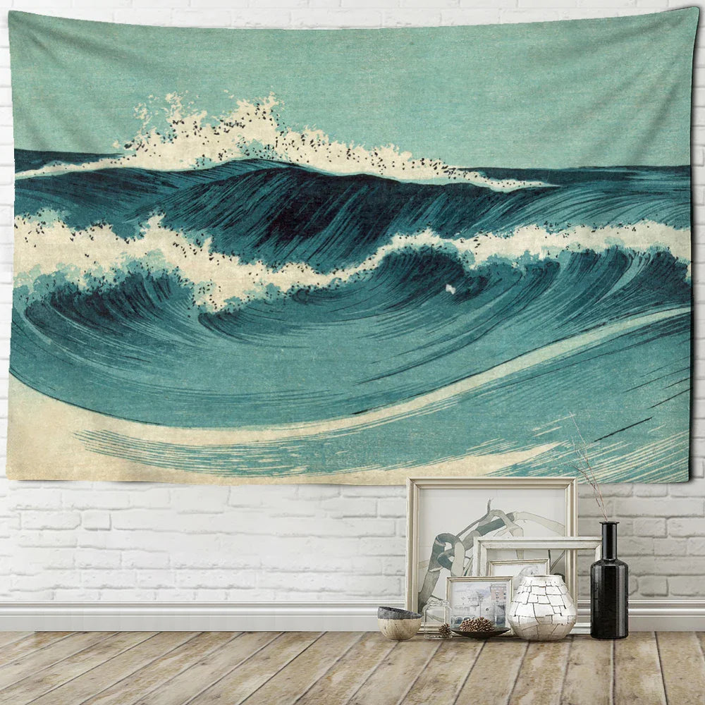 Afralia™ Blue Wave Oil Painting Tapestry Wall Hanging for Bohemian Style Room Decor